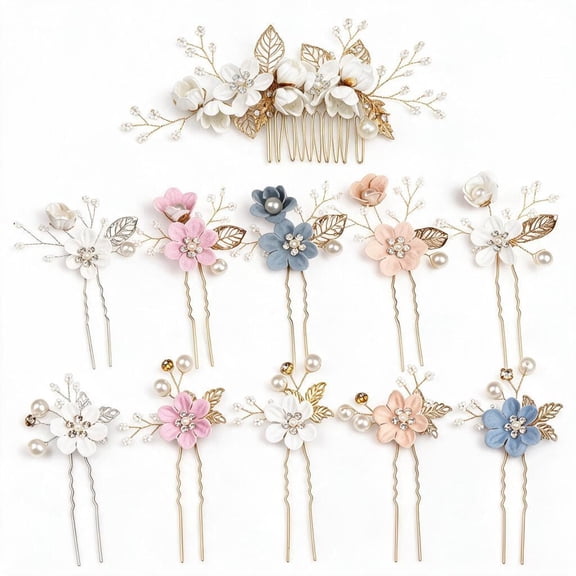 11Pcs Pearl Flower Hair Pins & Comb Set, Bridal Wedding Hair Accessories for Women, 5 Colors