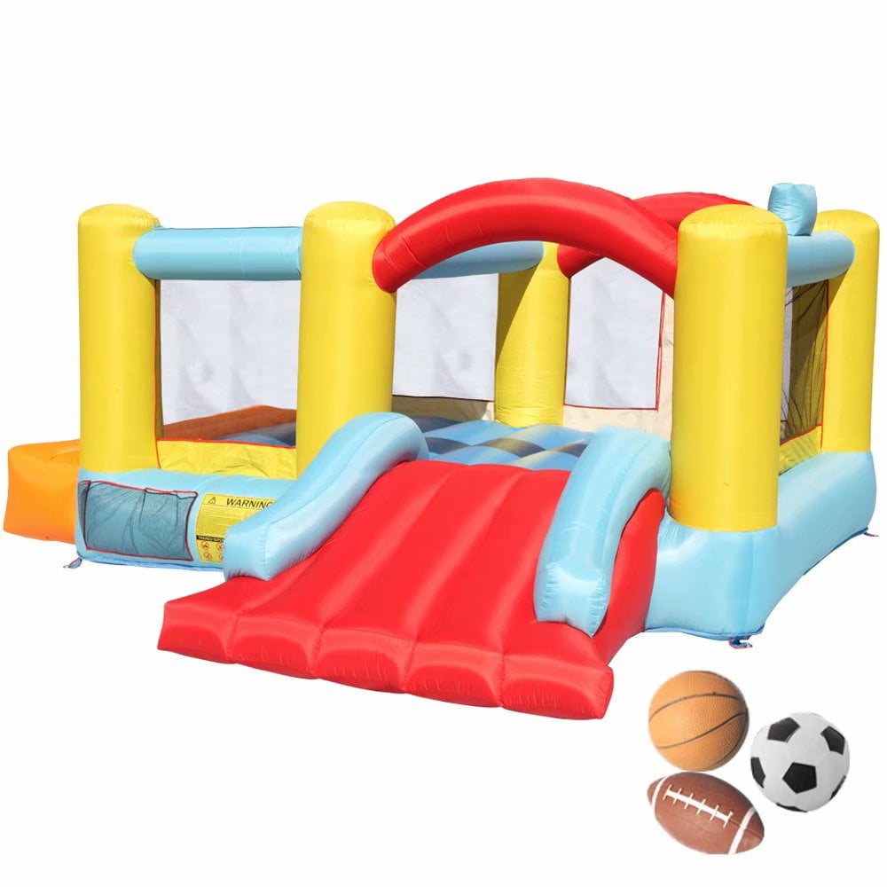 bounce house with slide and basketball hoop