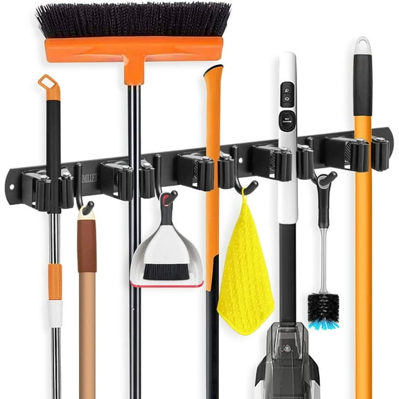 Broom Holder Wall Mount, Broom Holder Stainless Steel Heavy Duty Garage Organization Broom Organizer Wall Mount Self Adhesive Laundry Room Organization and Storage（5 Racks and 4 Hooks）