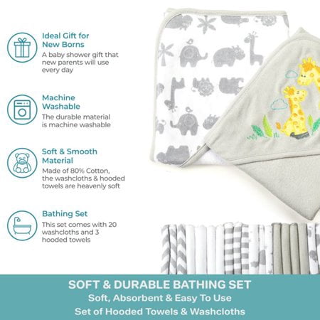 Spasilk Bath Hooded Towels & Washcloths Set for Babies, 23-Piece Gift Set, Gray Giraffe
