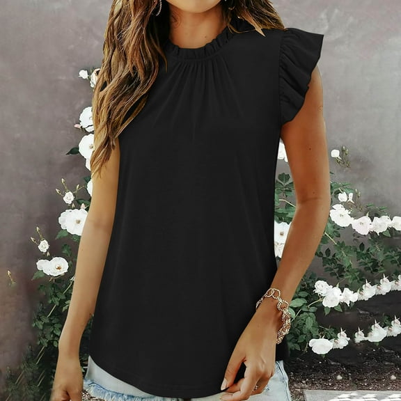 Sevevn Fashion Women's Casual Short Sleeve Solid Fold Round Neck Button Ladies Top Blouse Black L End of Year Clearance