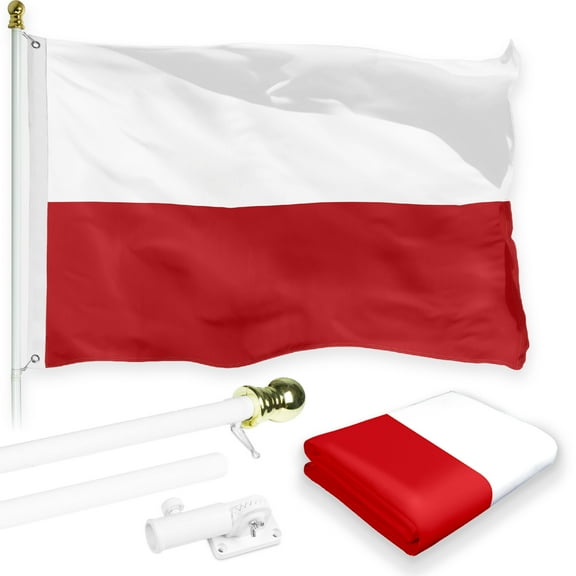 G128 Combo Pack: 6 Feet Tangle Free Spinning Flagpole (White) Poland Polish Flag 3x5 ft Printed 150D Brass Grommets (Flag Included) Aluminum Flag Pole