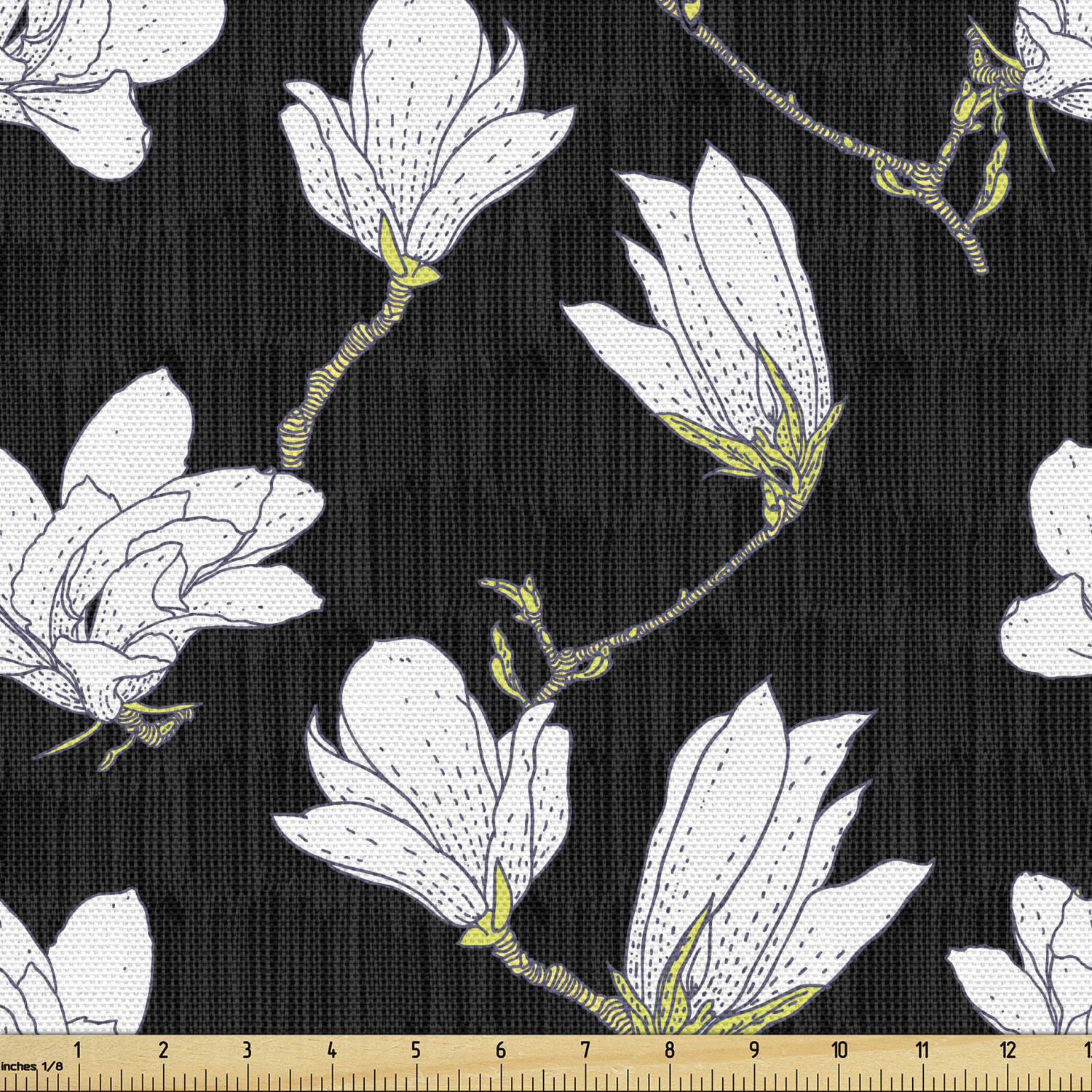 Magnolia Fabric by the Yard, Hand Drawn Countryside Flowers Blossoming