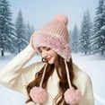 thumbnail image 2 of Winter Beanie Hats for Women with Ear Flaps Crochet Skull Cap Warm Outdoor Ski Snow Hats Pompoms, 2 of 5