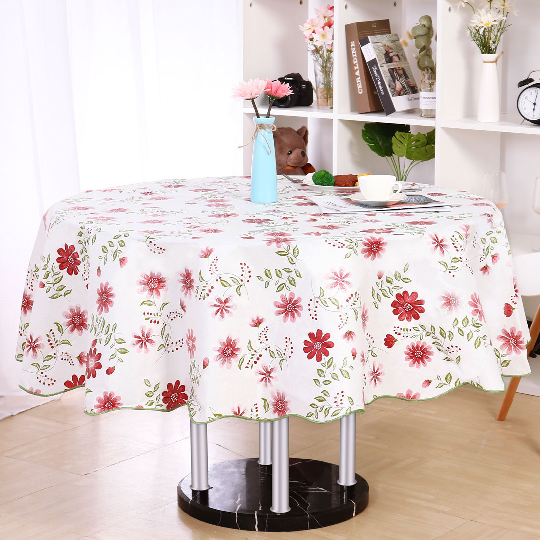 Vinyl House Tablecloth Round 71 Dia Red Flower Pattern Floral Printed Vinyl House Tablecloth Round 71 Dia Red Flower Pattern Floral Printed