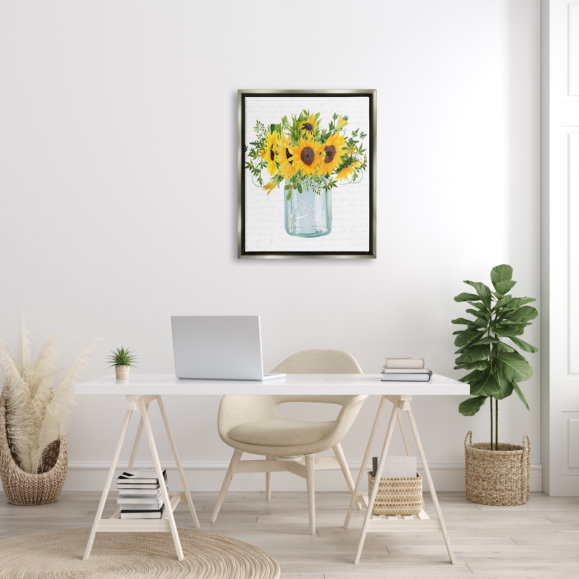 Stupell Industries Country Sunflowers Bouquet Vintage Script Text Pattern Graphic Art Luster Gray Floating Framed Canvas Print Wall Art, Design by Lettered and Lined