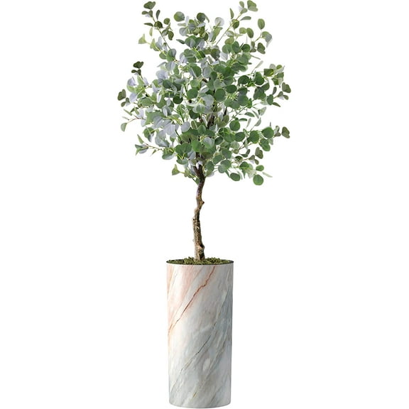 Artificial Tree in Modern Granite Effect Planter, Fake Eucalyptus Silk Tree for Indoor and Outdoor Home Decoration - 66" Overall Tall (Plant Pot Plus Tree)
