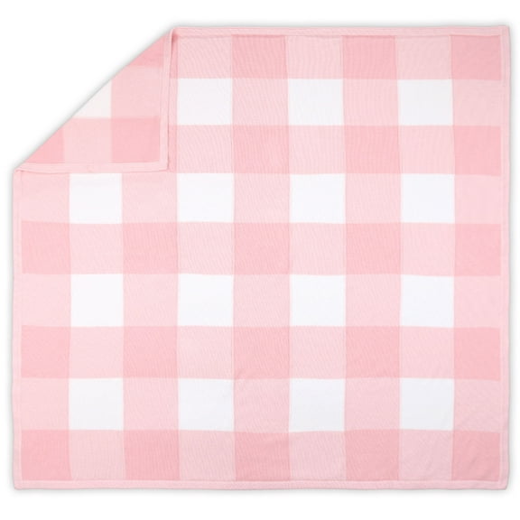 Farmhouse Large Pink and White Check Baby Blanket - Rustic Chic 100% Cotton Sweater Knit