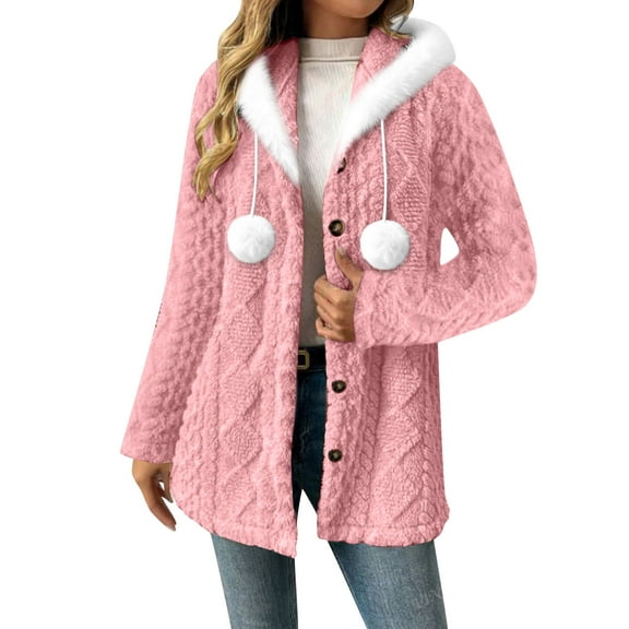 Gamivast Fuzzy Jackets for Women Fleece Button Down Faux Hooded Coats Warm Winter Drawstring Poms Sherpa Jacket Trendy Side Split Solid Outerwear