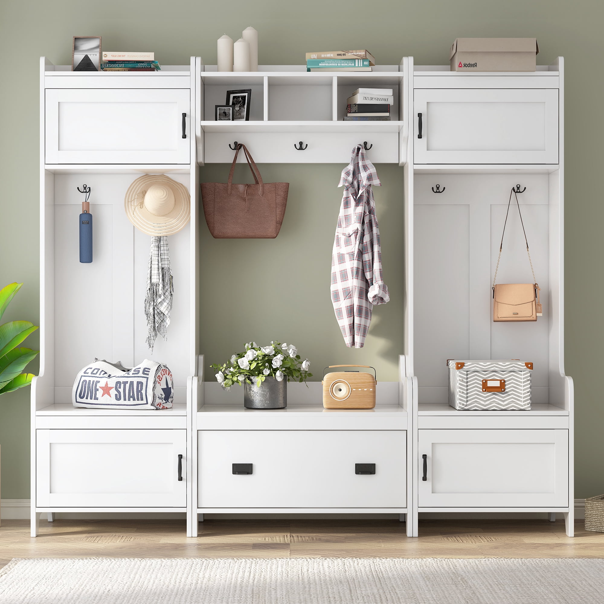 MAYEERTY Modern 4-in-1 Hallway Coat Rack: Bench, Storage Drawer, 7 Hooks, White