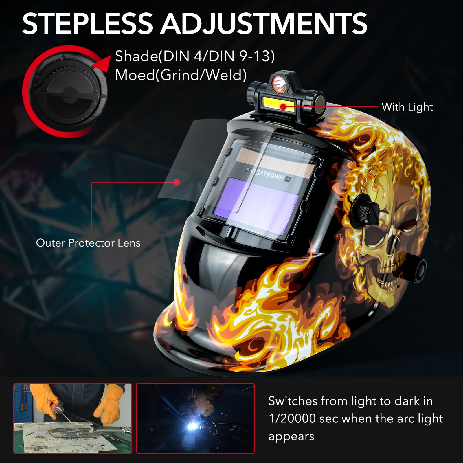 Welding Hood Auto Darkening Welding Helmet with Light True Color 1/1/1/2 Top Optical Clarity Wide Shade 9-13 Welding Mask with Grinding Weld Helmet
