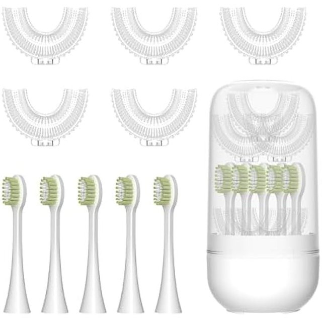 wonima02 10 Pcs U Shaped Toothbrush Kids Replacement Head Set, Including 5 U Shaped Brush Heads 5 Bristle Brush Heads and 1 Storage Box(Age 2-6) (Small)