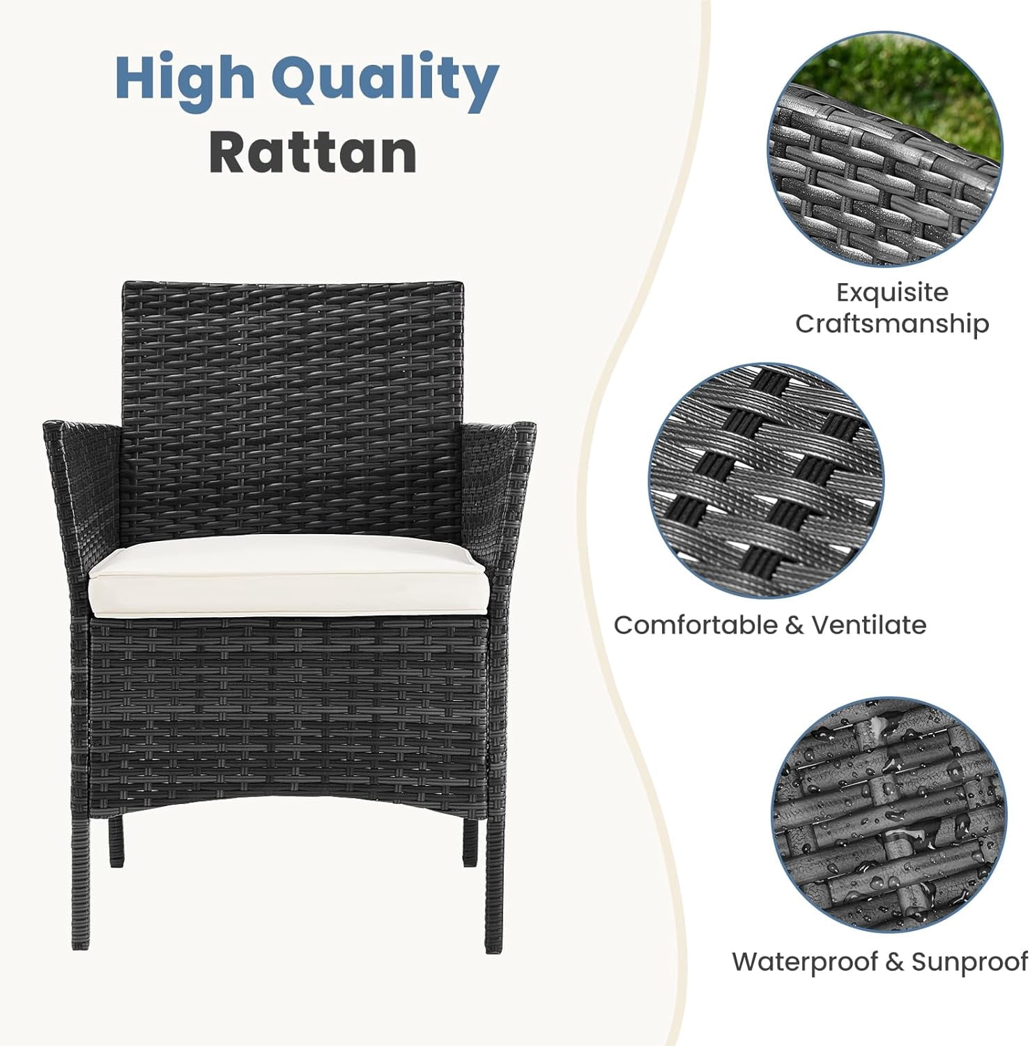Patio Furniture Set, 3 Pieces All-Weather Rattan Outdoor Furniture Patio Chairs with Tempered Glass Table for Porch Bistro Balcony, Black