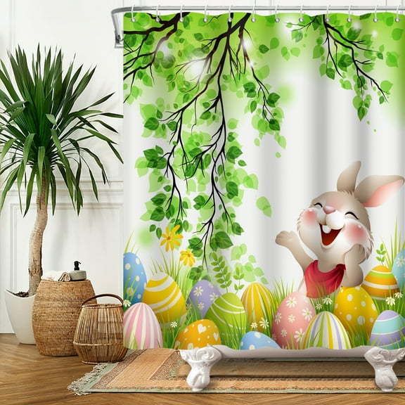 SUNOLIFE Happy Easter Shower Curtain,Spring Easter Rabbit and Eggs Fabric Bathroom Curtain with Hooks,72x72 in
