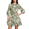 thumbnail image 2 of Karymi Floral Print Mock Neck Tiered Mini Dress, 3/4 Ruffle Bell Sleeve Self Tie Waist Loose Flowy Summer Sundress Summer Dress, 2 of 5