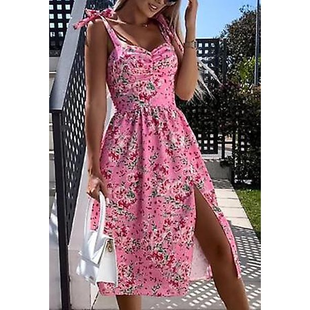 Nuevo vestido dulce con abertura en la espalda para mujer, vestido de manga corta acampanada con estampado de estilo playero para mujer, vestido de verano con cuello en V, ropa de calle, gotas