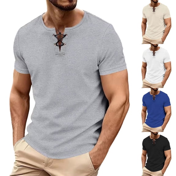UVEASISHA Mens Waffle Knit T Shirts Lace Up V Neck Short Sleeve Henley Shirt Regular Fit Stylish Summer Tees Breathable Casual Collarless T-Shirt Khaki XL