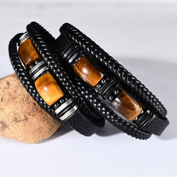 Wollet Tiger Eye Black Leather Bracelet for Men Natural Tiger Eye Jewelry, Set of 2