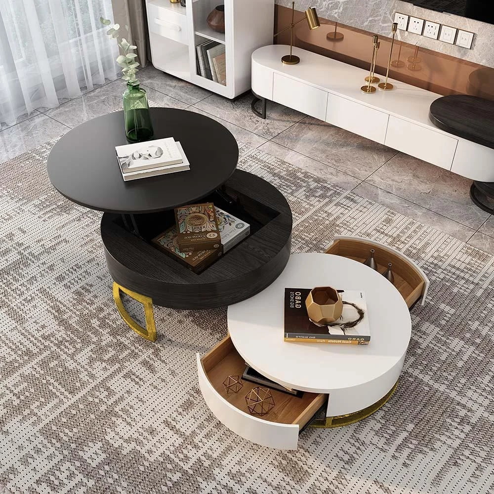 Margos LiftTop Round Coffee Table Set of 2 with Storage, 2 Pinewood