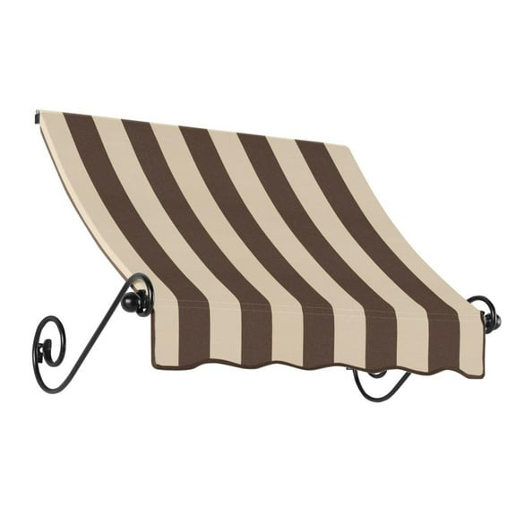 Awntech 4.38 Ft Charleston Sloped Fixed Awning with Scrolled Iron Arms (52.5in x 36in x 24in), Brown/Tan Stripe