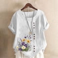 thumbnail image 2 of QIUOMBBP Womens Crew Neck Linen Tshirts Roll Up Short Sleeve Plus Size Floral Print Tops Loose Lightweight Summer Casual Shirts White XXXXL, 2 of 5