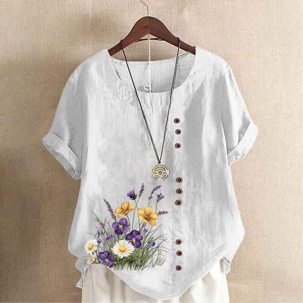 TaTaai Casual Printed Button Blouse, Women's Short Sleeve Linen Feel T-Shirt, Comfortable Top for All Seasons Gift