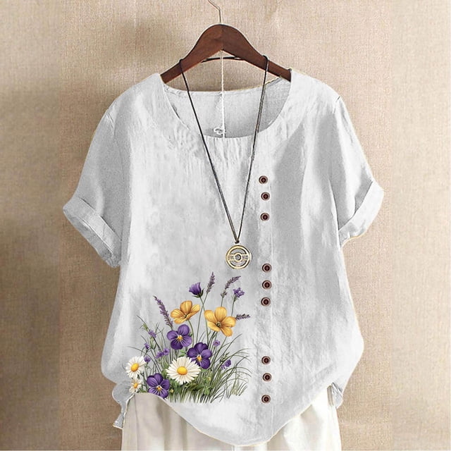 TaTaai Casual Printed Button Blouse, Women's Short Sleeve Linen Feel T-Shirt, Comfortable Top for All Seasons Gift