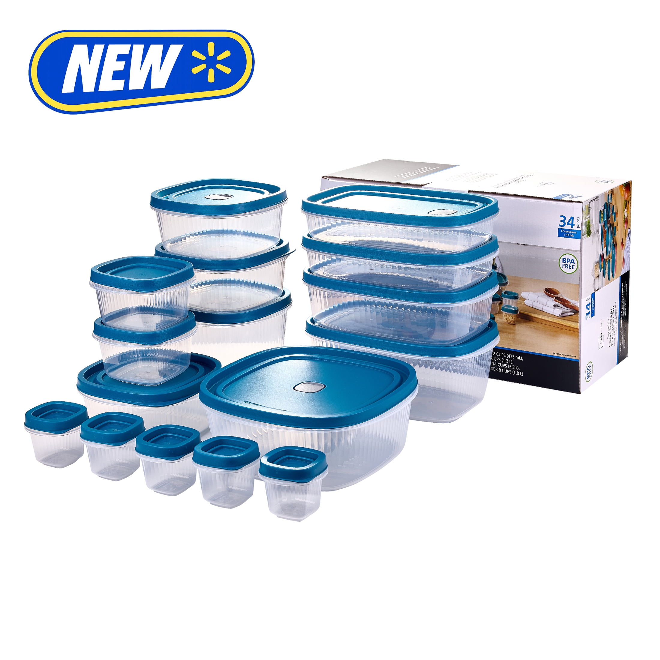 (2 pack) Mainstays Reusable Food Storage Containers Set, Multi-Size, Plastic, 34 Pieces, 17 Containers and 17 Lids, Ideal for Snacks & Meal Prep