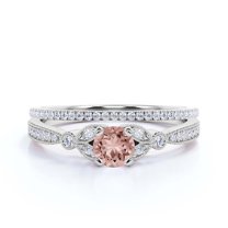 Unique Boho & hippie 2.00 Carat Round Cut Morganite And Diamond Moissanite Engagement Ring, Wedding Ring in 10k Solid White Gold, Leaf Ring, Promise Ring, Anniversary Gift, Bridal Set, Matching Band