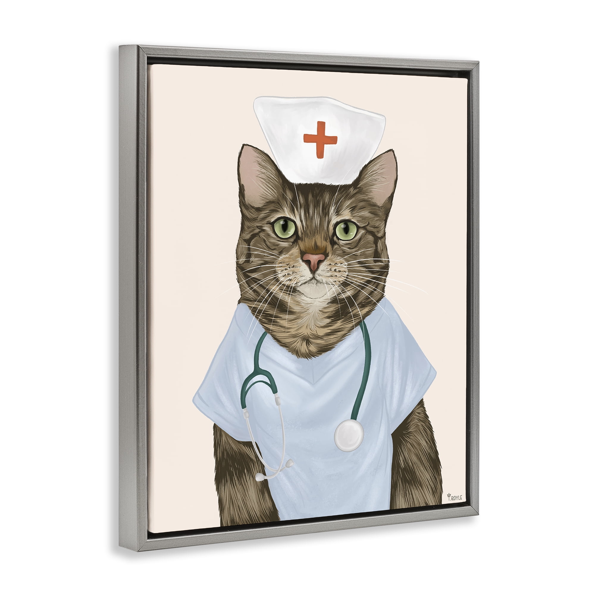 Stupell Industries Nurse Doctor Cat Animals & Insects Painting Gray Floater Framed Canvas Art Print Wall Art, 25 x 31