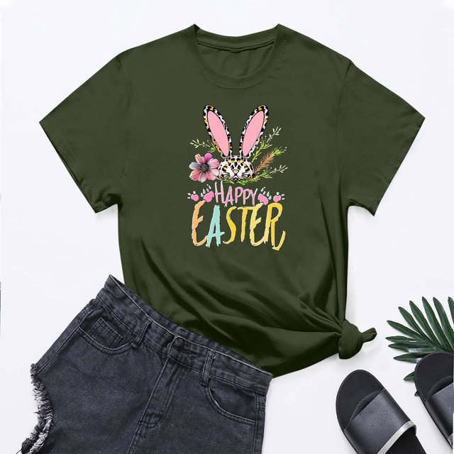 UPPADA Femmes Heureux Easter T-Shirt Bunny Lapin Graphique T-Shirt Manche Courte Drôle Lettres Imprimées Chemises Manche Courte Col Rond Tuniques Hauts Vert Armée,TG