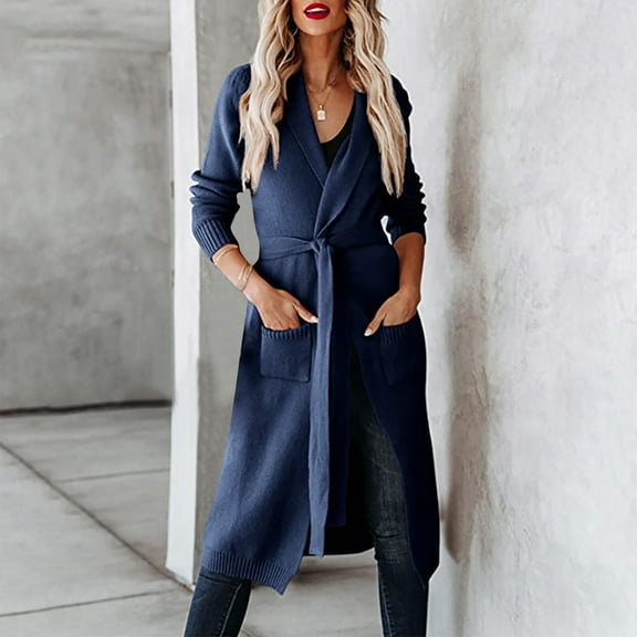 AOOCHASLIY 2023 Women Winter Coat Women's Medium Length Cardigan Knit Tie Lapel Sweater Jacket For Women