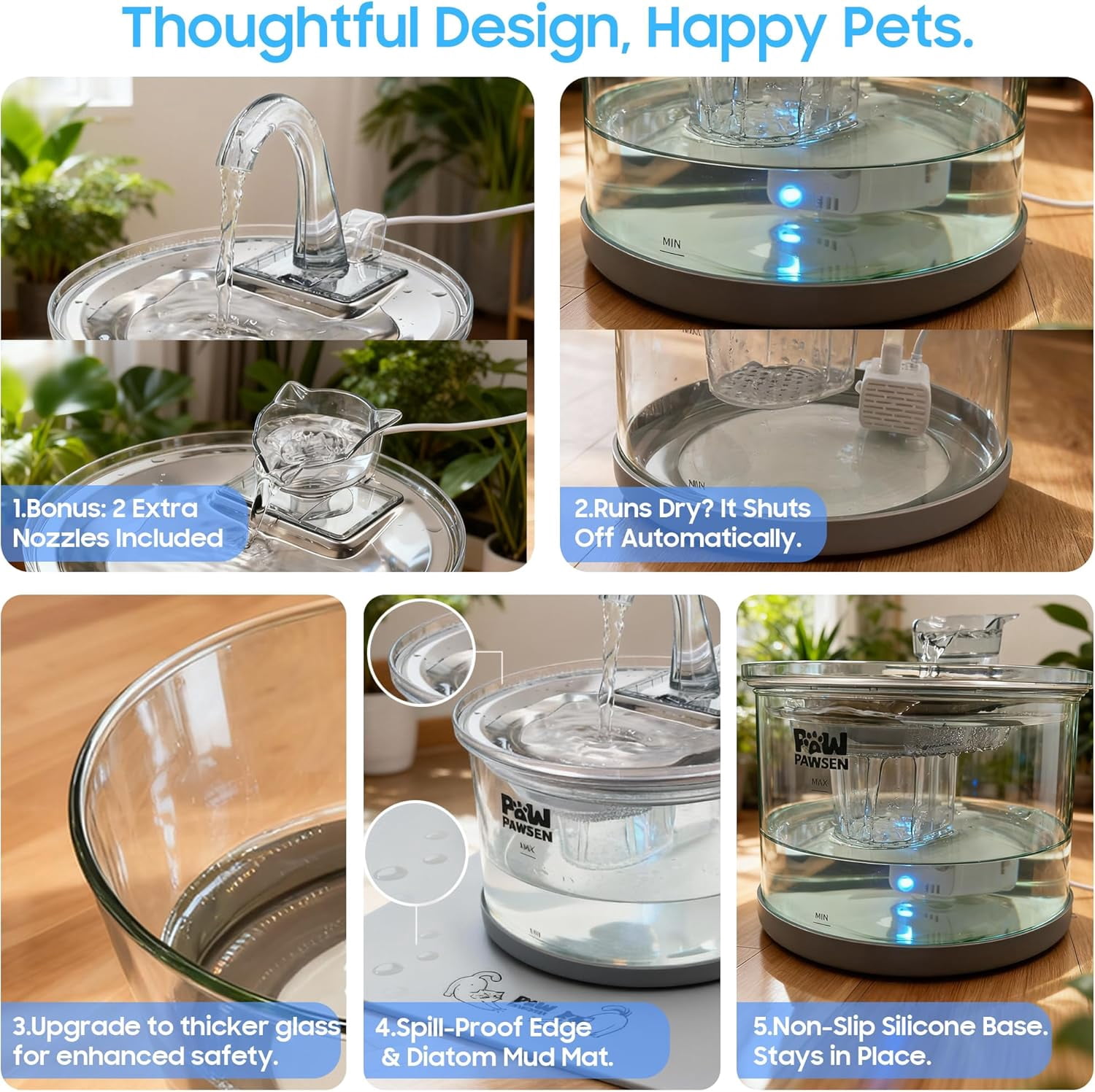 Glass Cat Dog Water Fountain 70oz/2.1L for Cats Dogs with 3 Spray Heads with LED Light,Ultra-Quiet, Automatic Water Dispenser, Glass & Stainless
