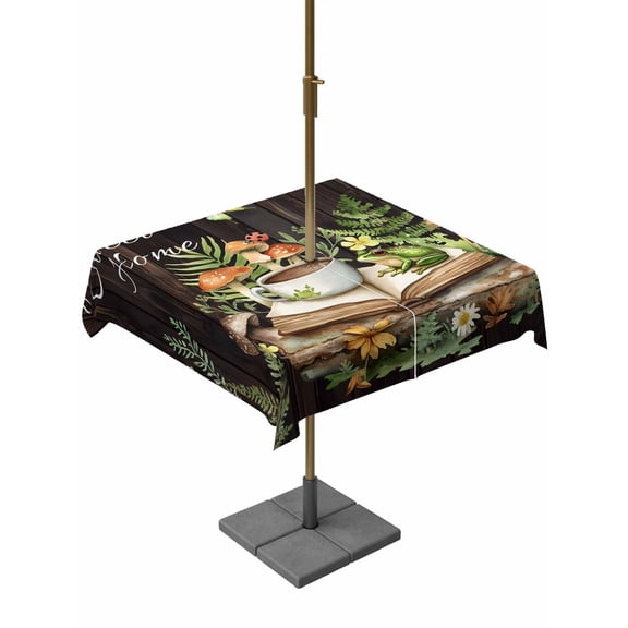 Square Outdoor Tablecloth with Umbrella Hole Forest Frog Outside Table Cloth Waterproof Patio Table Cover Green Botanical Mushroom Butterfly Black Zipper Tablecloths for Picnic Camping 60x60 Inch