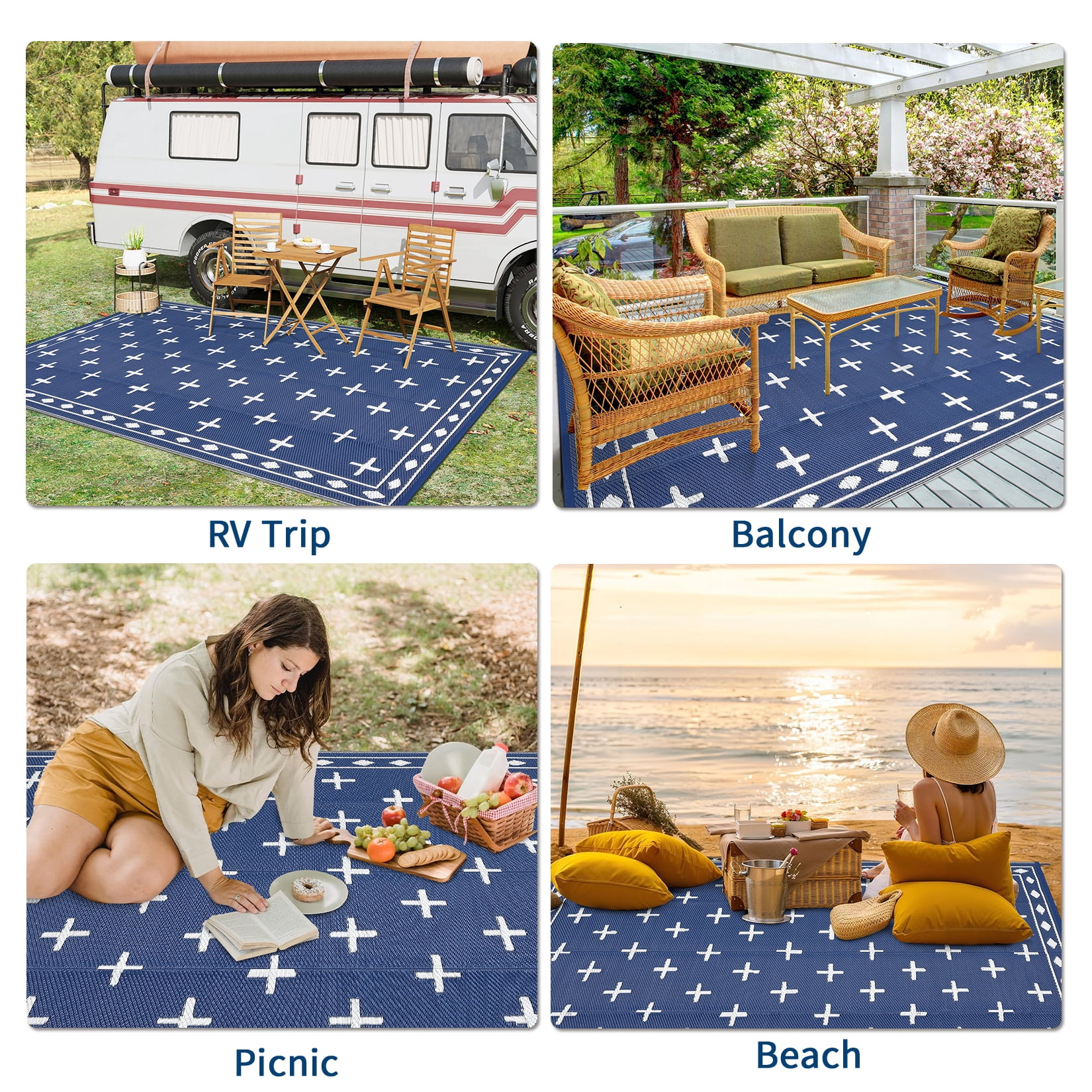 Geometric Outdoor Rug 9x12, Reversible Waterproof Plastic Straw Area Mat for Patio, RV Awning, Garden, Deck, Balcony, Camping and Beach,Dark Blue