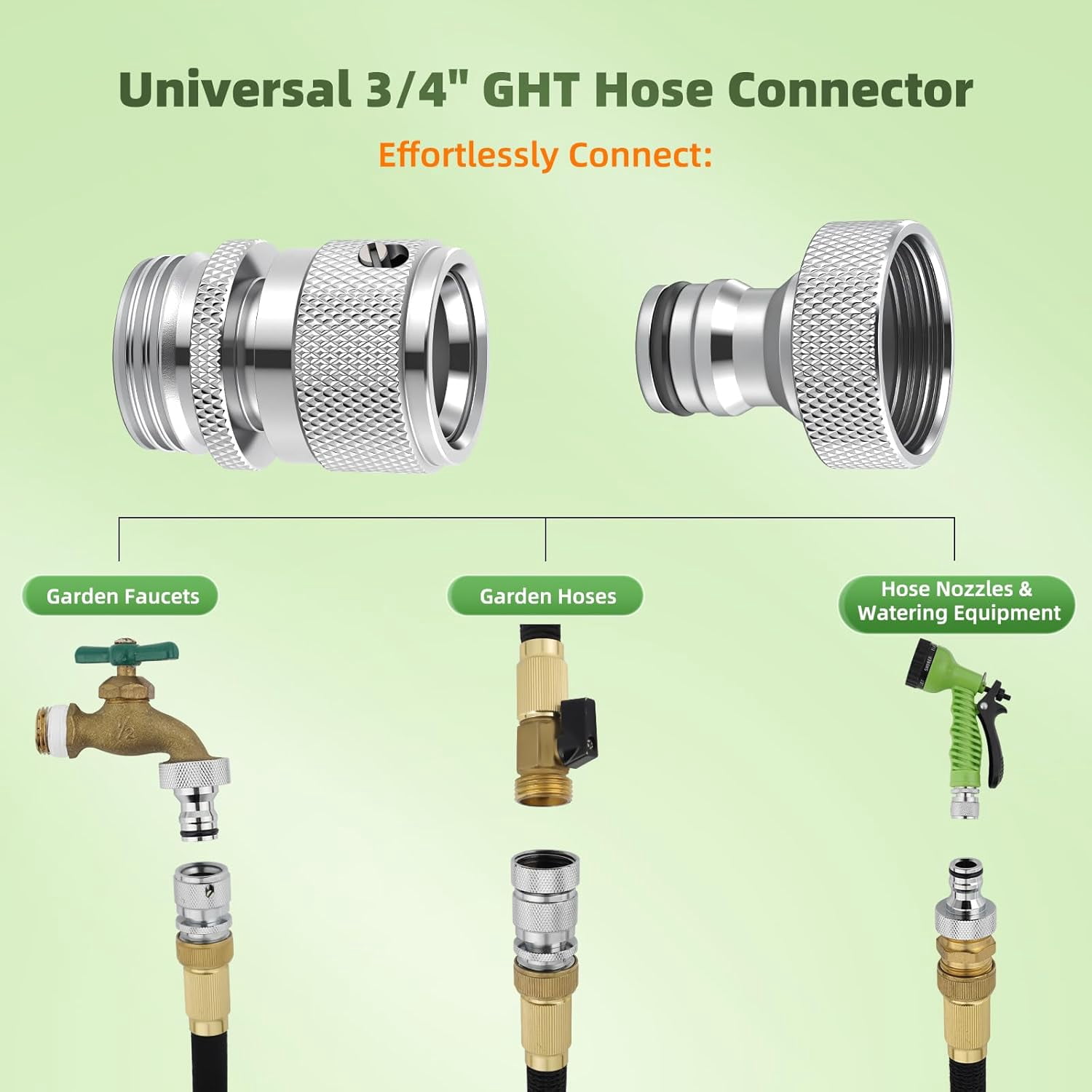 Hibbent Garden Hose Quick Connector, 2 Sets Solid Brass 3/4 Inch GHT Thread Faucet Hose Quick Connect Fitting, Female and Male Adapter