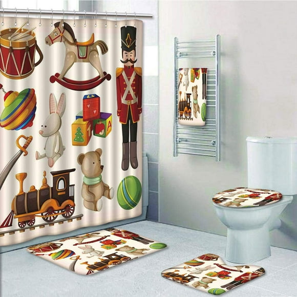 EREHome Vintage Wooden Toys Decor Rocking Horse Soldier Sword Blocks Doll Drum Train Retro 5 Piece Bathroom Set Shower Curtain Bath Towel Bath Rug Contour Mat and Toilet Lid Cover