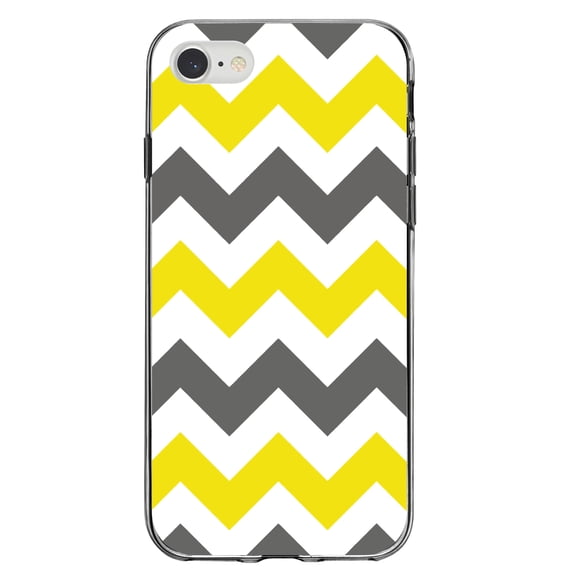 DistinctInk Clear Shockproof Hybrid Case for iPhone 7 8 SE (2020 Model) 4.7" Screen TPU Bumper Acrylic Back Tempered Glass Screen Protector - Grey Yellow Chevron Stripes - Chevron Stripes Pattern