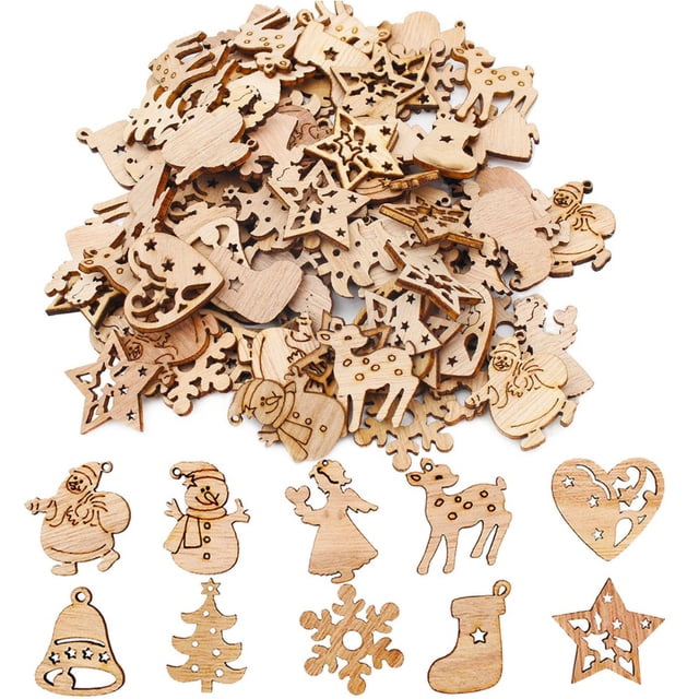 100pcs Mezcla Adornos de Árbol de Navidad de Madera Mini Muñeco de Nieve Copos de Nieve Copos Colgantes