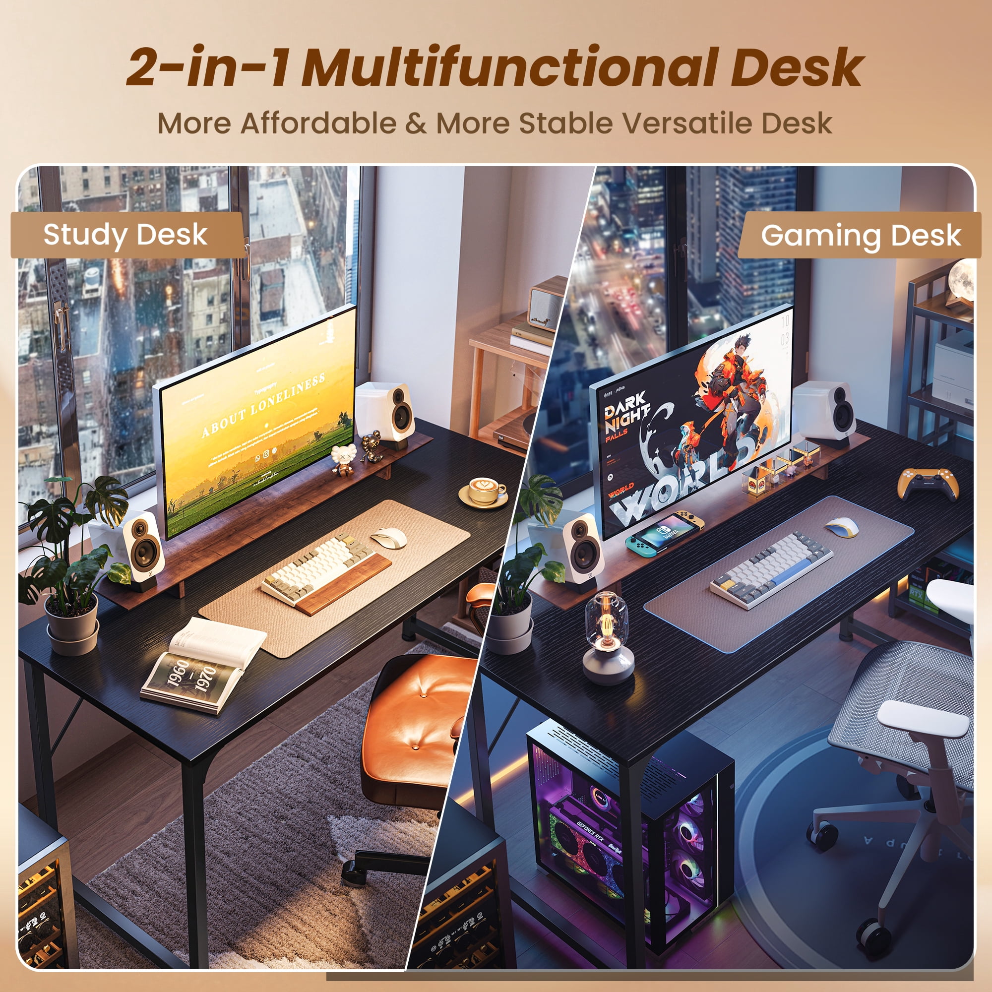 54" Computer Desk, Modern Office, Study & Gaming Desk with Storage, Large Legroom, Sturdy Metal Frame