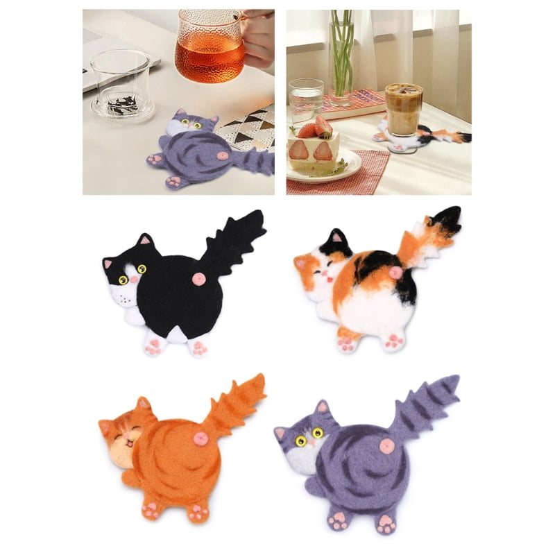 Zecic Lovely Cats Coasters Needle Felting Starter Kits Handmade Needle Felting Kits Wool Needle Felting Tool Kits for Woman