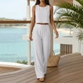 thumbnail image 6 of Textilo Cotton Linen Sets for Women 2 Piece Sleeveless Crewneck Crop Top and Wide Leg Drawstring Pants Elastic High Waisted Outfit Travel Lounge Summer Vacation Loose-Fit Walking Wear,White L, 6 of 6