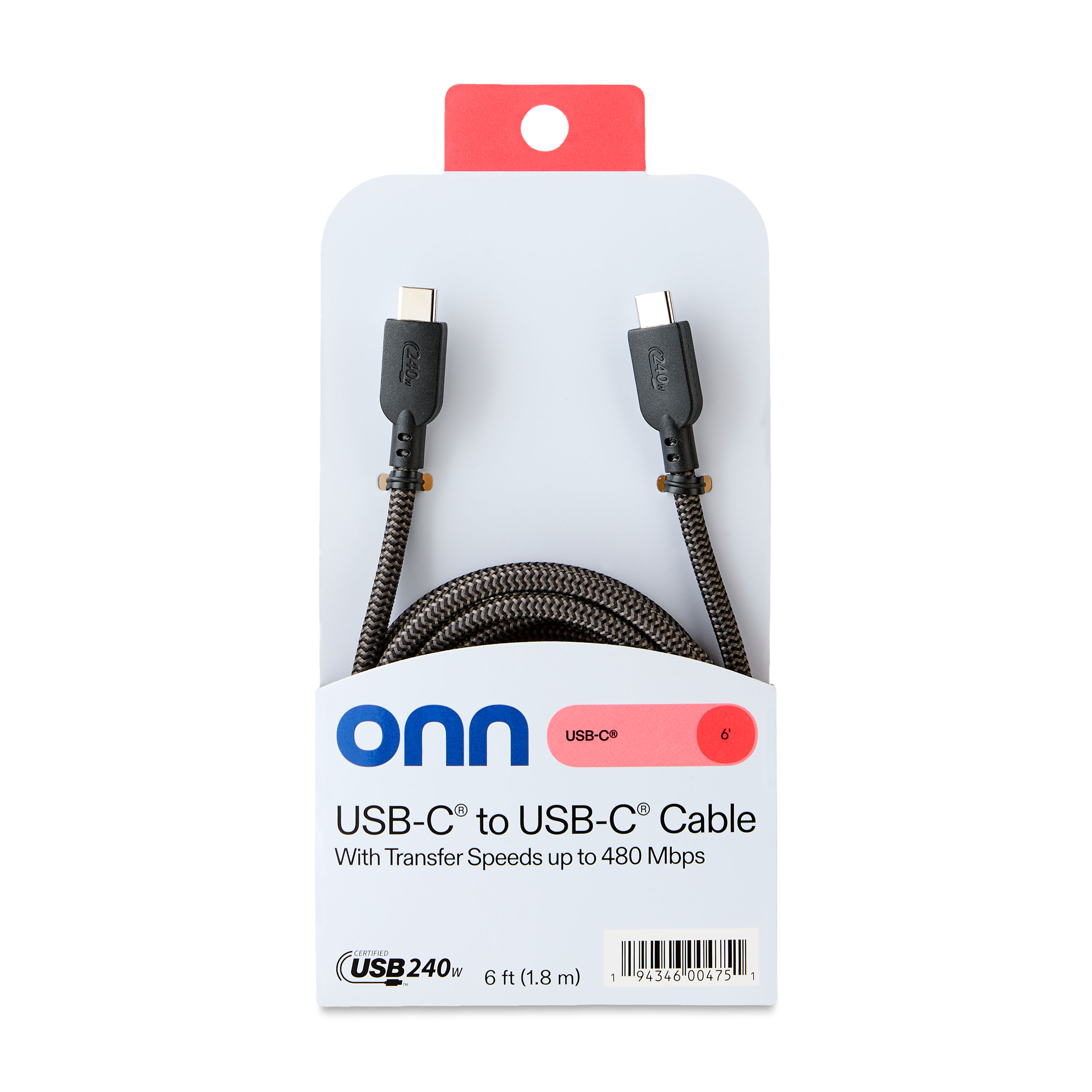onn USB-C to USB-C Braided Cable, 6Ft, Black
