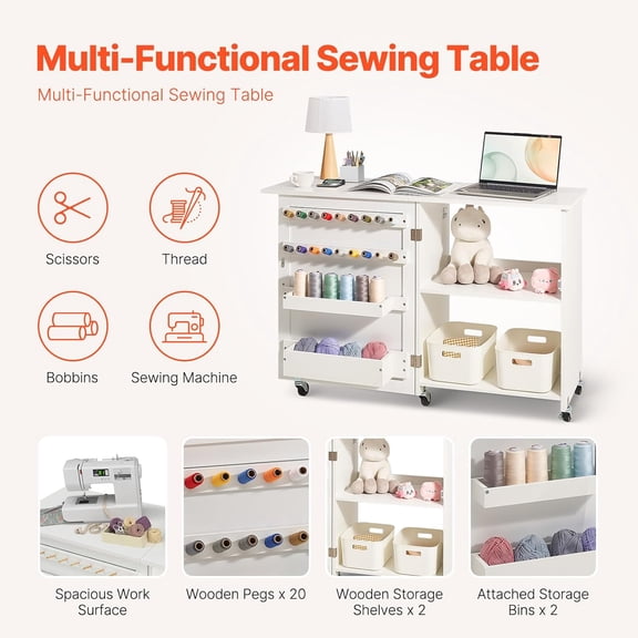 Folding Sewing Table, Multipurpose Sewing Machine Table with Compact Design, Wheels, Shelves, Storage Trays, Wooden Pegs, and Magnetic Doors, Sewing Desk Cabinet for Sewing Machine, White