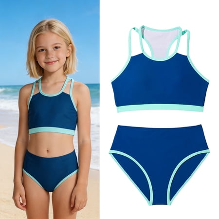 Little Girls Swimsuit Double Strap 2 Piece Swimwear with Chest Pad Swimsuit for Kids Girls 9-10 Years