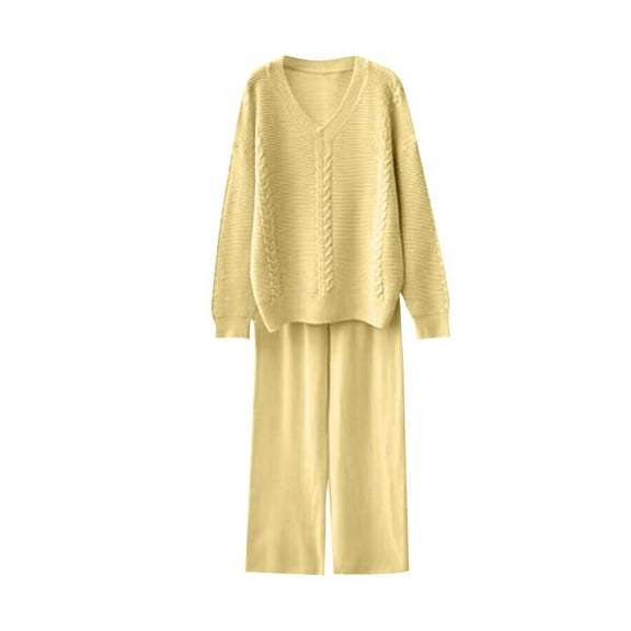 ShomPort Sweatersuit for Womens Cable Knit V-Neck Long Sleeve Sweater High Waist Pants Stretchy Thickened Winter Set