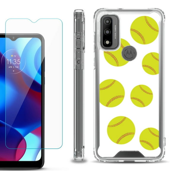 Shockproof Bumper Phone Case for Motorola Moto G Pure, with Tempered Glass Screen Protector, by OneToughShield ® - Softball Seven