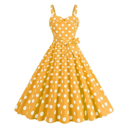 IDALL Prom Dresses Formal Dresses Women s Sleeveless Suspender Polka Dot Belt With Wide Hem Retro Skirt Dress Graduation Dress Flowy Dresses Petite Dresses Yellow Dress L