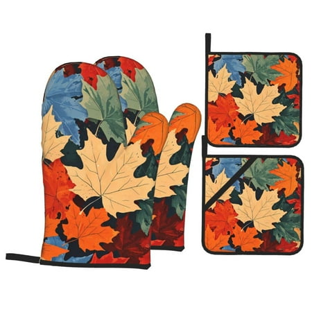 

Oven Mitts and Pot Holders Sets 4 pcs Colorful Autumn Maple Leaves Non-Slip Oven Gloves Potholders Soft Quilted Lining Heat Resistant Gloves Hot Pads for Kitchen Cooking Baking