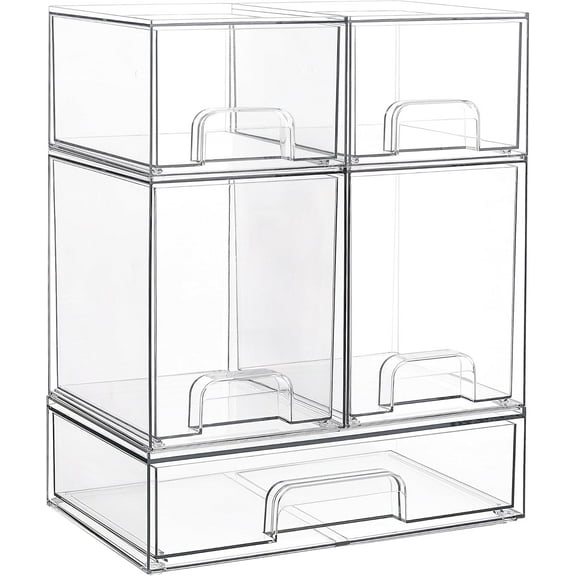 Stackable Storage Drawers Set of 5, Clear Plastic Organizer Bins for Beauty Supplies,Ideal for Vanity, Bathroom,Cabinet,Pantry Organization